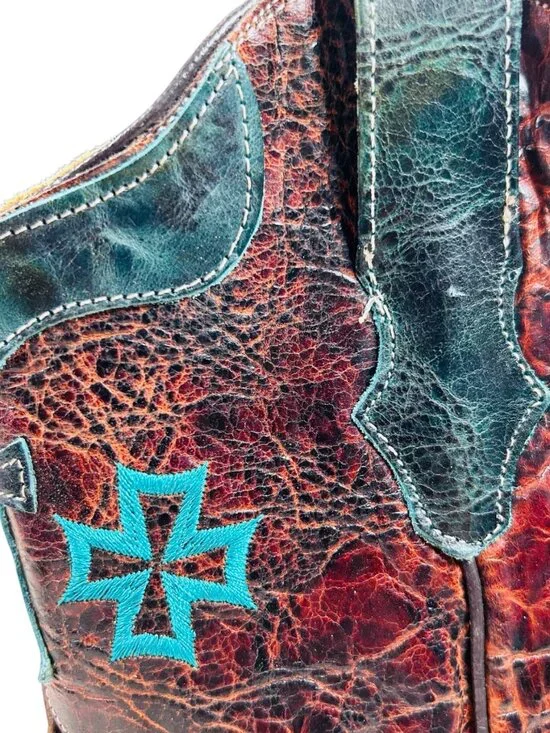 Corral Whiskey Turquoise Three Cross Snip Toe Boots 8.5M Women Brown Teal Wester - Picture 3 of 9